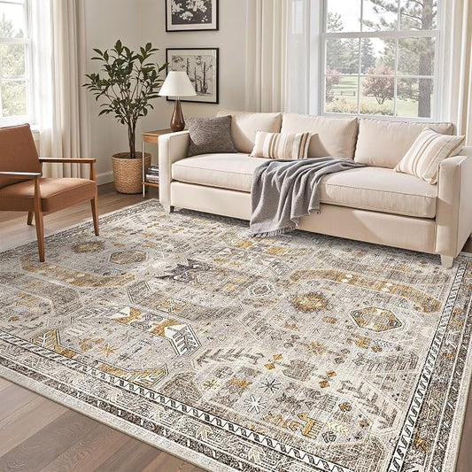 Madane 6x9 Area Rugs for Living Room, Vintage Washable Rug, Brown/Gold | Stain Resistant Floor Carpet With Non-Slip Backing For Bedroom, Dining Bedroom And Office, Soft Low-Pile Home Decor Mat