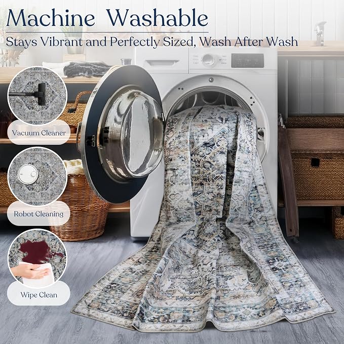 Machine Washable Area Rug, Soft & Durable, Non-Slip, Stain Resistant Rug for Bedroom, Living Room, Dining Room, High Traffic Areas. (Soft Gray Blue, 2.5' X 10')