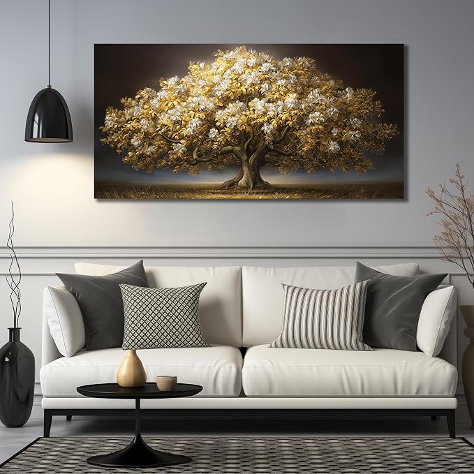 DNIEOTU Large Tree Wall Art for Living Room, White Flower and Gold Leaves Canvas Wall-Decor for Bedroom, Landscape Picture Prints for Hallway Office, Size 59 x 29 Inches