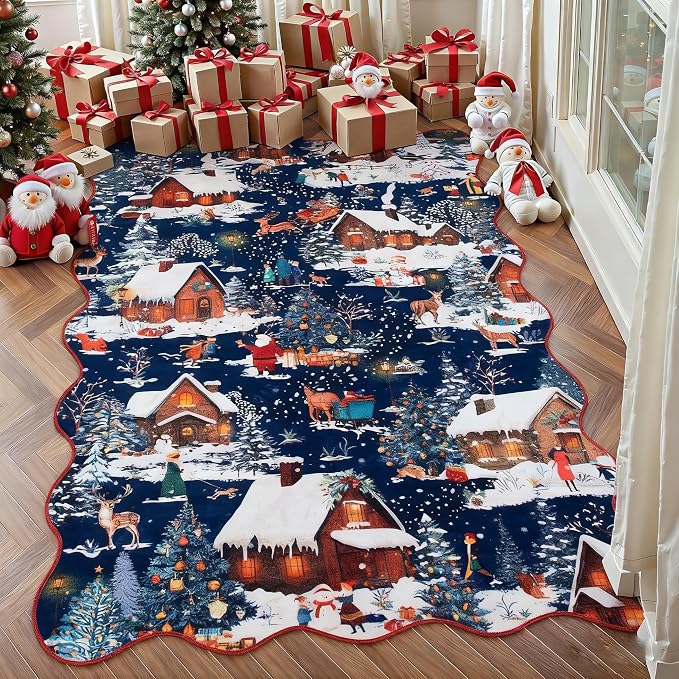 Wonnitar Christmas 2x3 Entryway Rug, Non Slip Washable Small Kitchen Rug, Low Pile Soft Christmas Village Door Mat Indoor Entrance, Xmas Throw Rug for Bathroom Bedside Holiday Decor (Blue,2'x3')