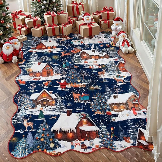 Wonnitar Christmas 3x5 Rug, Soft Christmas Area Rugs for Living Room, Non Slip Washable Entryway Rug, Low Pile Xmas Winter Reindeer Area Rug for Bedroom Kitchen Holiday Decor (Blue,3'x5')