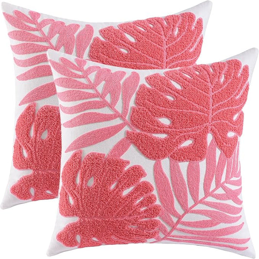 Embroidered Throw Pillow Covers 18x18 Pack of 2 Pink Botanical Leaf