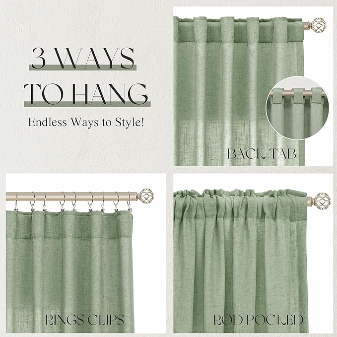 Jowels Mist Sage Linen Curtains 84 Inch Long 2 Panels for Living Room | Light Filtering Semi Sheer Curtain, Back Tab Pocket Pleated Look, Boho Farmhouse Textured Privacy Drapes for Bedroom Window