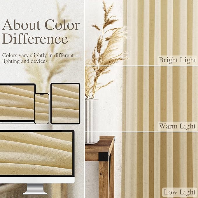 Cream Yellow Linen Curtains 90 Inches Long for Living Room Light Filtering Modern Farmhouse Sheer Curtains Back Tab and Rod Pocket Curtain for Bedroom Office 52x90, 2 Panels