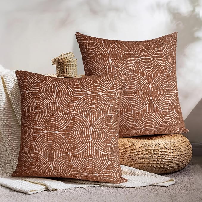 AELS Boho Decorative Textured Throw Pillow Covers 24x24, Modern Mid Century Rainbow Tufted Pillow Case, Farmhouse Rustic Geometric Woven Cushion Case for Bed Couch Sofa, Burnt Orange