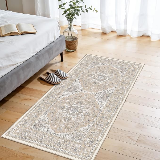 RUUGME Entryway 2x4 Runner Rug: Washable Vintage Kitchen Rugs Non-Slip Low Pile Lightweight Carpet for Hallway Bedroom Soft Thin Stain Resistant Floor Mat for Bathroom Laundry Room (Beige/Cream,2x4)