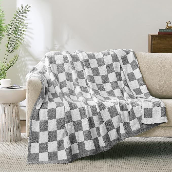 Checkered Throw Blanket for Couch, Soft Cozy Warm Knitted Blankets | Lightweight Fuzzy Travel Warm Decor for Women, Mom, Girls, Sofa, Chair, 50x70in, Light Grey