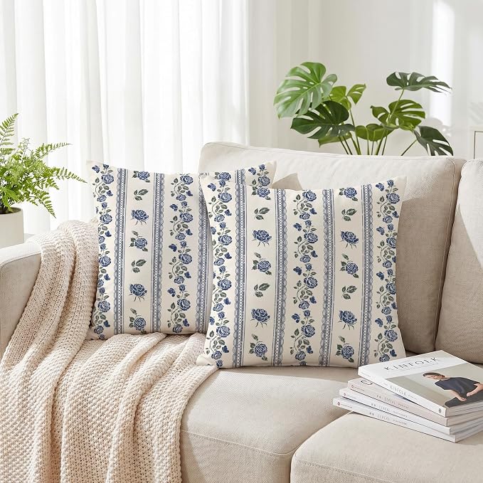 Hexagram Vintage Throw Pillow Covers 18x18, Floral Blue Pillow Covers | Light Blue, Set of 2, Boho Farmhouse Neutral Decorative for Couch Pillows, Home Decor, Bedroom, Living Room, No Insert