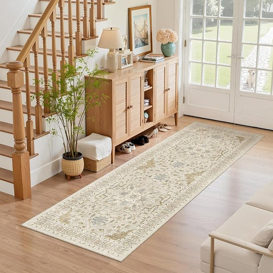 Madane Washable Runner Rug 2x6 Runners for Hallways Non Slip, Beige/Blue | Vintage Stain-Resistant 6 Feet Kitchen Rug, Soft Low-Pile Ultra-Thin Floor Carpet Mat for Bathroom Laundry Room Bedroom 2x6ft