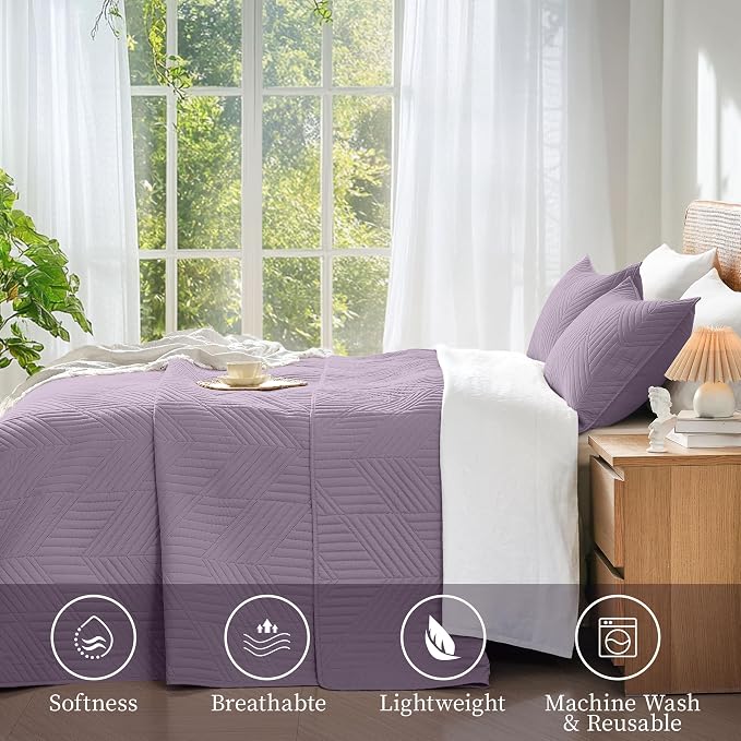 Davulos Full/Queen Quilt Set in Grayish Purple,Soft Reversible Microfiber Bedspread for All-Season Use,Lightweight Coverlet with Modern Geometric Pattern (1 Quilt, 2 Pillow Shams)