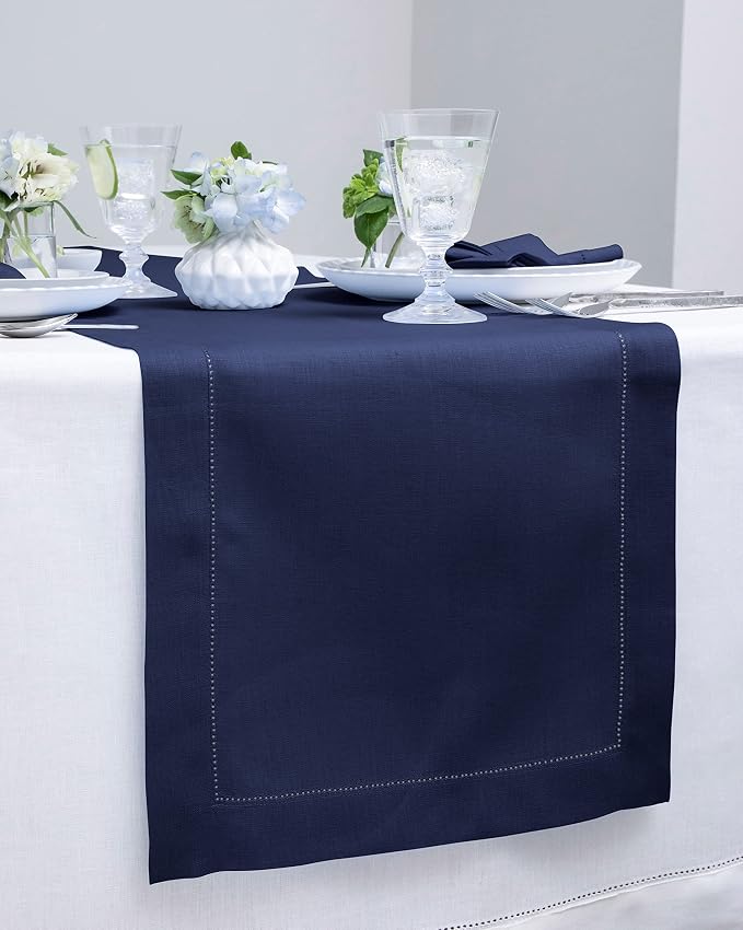Solino Home 100% Pure Linen Dining Table Runner Navy Hemstitch, 14 x 144 in | Classic Hemstitch, a graceful centrepiece for dining and gatherings, hemstitched border, mitered corners, OEKO-TEX Certified