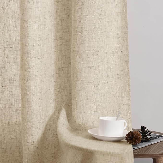 Linen Curtains 72 Inch Length for Living Room Bedroom 2 Panels Set Rod Pocket Light Filtering Semi Sheer Window Curtains 52 Inch Width Boho Farmhouse Drapes Flax Beige Linen, W52xL72