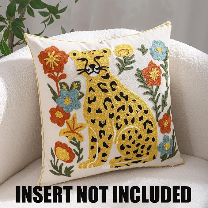 Embroidered Throw Pillow Covers 18x18 Pack of 2 Yellow Leopard Pillow Covers Green Leaves with Floral Pillowcases Boho Pillow Cushion Cases Square Flower Pillowcase Summer Home Decor