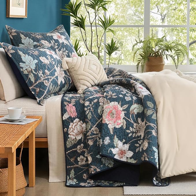 Litanika Floral Teal Quilt Oversized King - 3Pcs Botanical Birds Bed Set | Super King Plus Bedspread Summer Lightweight Soft Coverlet with Pink Flower for All Seasons(128"x120")