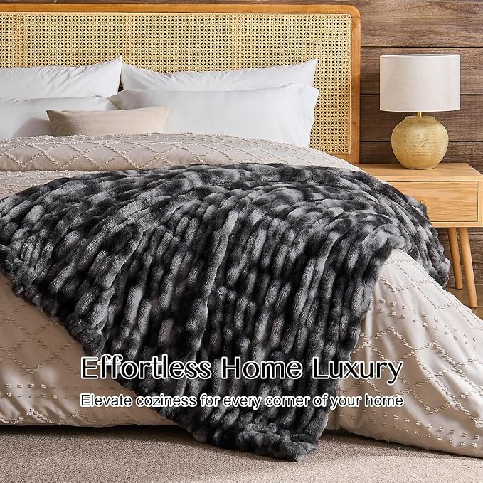 Lotus Karen Faux Fur Throw Blanket, 900 GSM Dual-Sided Soft Ruched Twin Blanket for Couch, Fluffy Cozy Fuzzy Plush Throw Gifts for Women Man Bedroom Living Room (Tie-Dye Black, 60"x80")