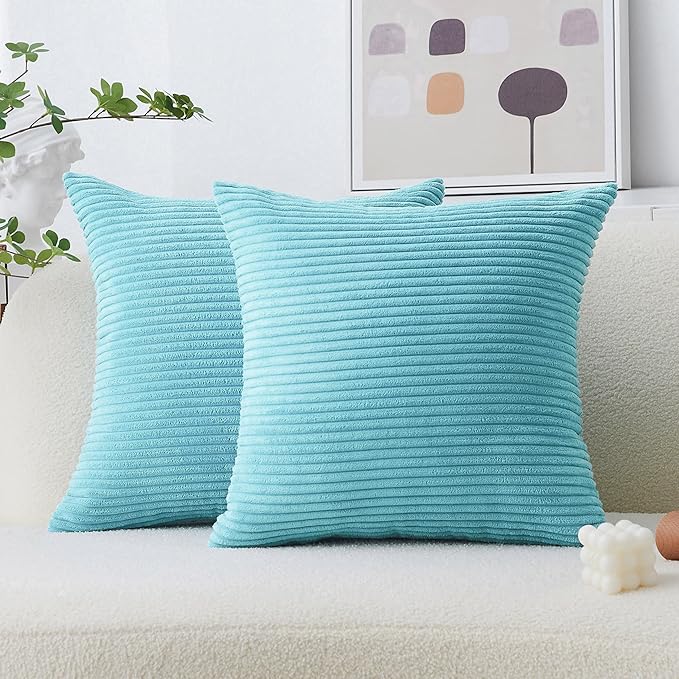 Home Brilliant Teal Throw Pillow Covers Pack of 2 Supersoft Striped Textured Velvet Corduroy Decorative Throw Pillow Cases Throw Pillows for Bed, 50x50 cm, 20 x 20 Inch, Teal