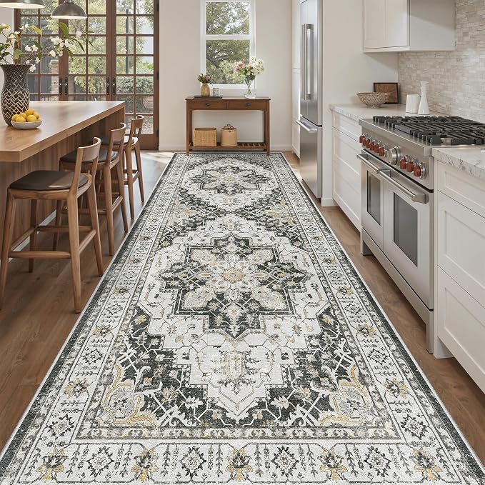 Madane 4x10 Wide Hallway Runner Rug Washable for Living Room, Black | Soft Stain Resistant Ktichen Runners 10ft, Vintage Non Slip Low Pile Area Rugs, Thin Floor Carpet for Bathroom Dining Bedroom