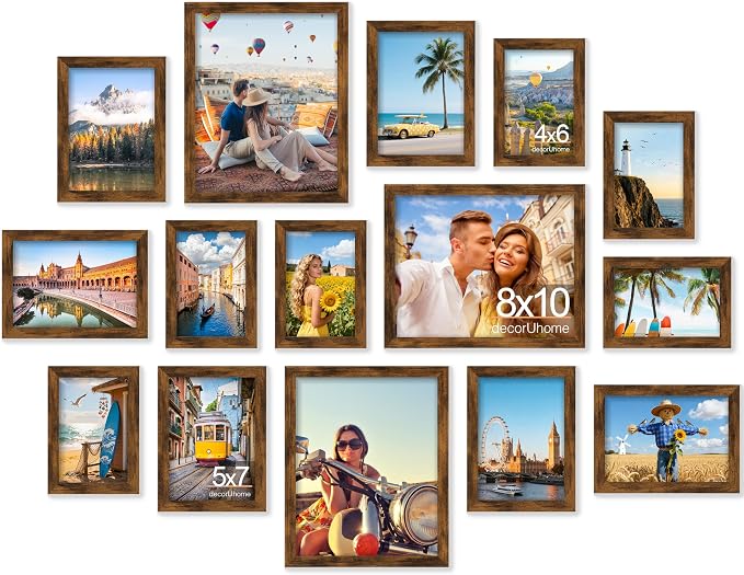decorUhome 15 Pack Assorted Picture Frame Set for Wall & Tabletop, P0715DBN | Distressed Brown, Multi Size Picture Frame Includes Three 8x10 / Six 5x7 / Six 4x6 for Family Gallery Wall