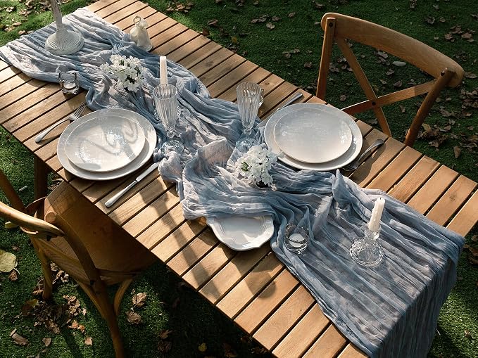 Vitalizart Cheesecloth Table Runner Blue 10ft Gauze Boho Rustic | 120 Inches Long Soft Durable Cheese Cloth Table Runner for Wedding Baby Shower Fall Thanskgiving Decoration