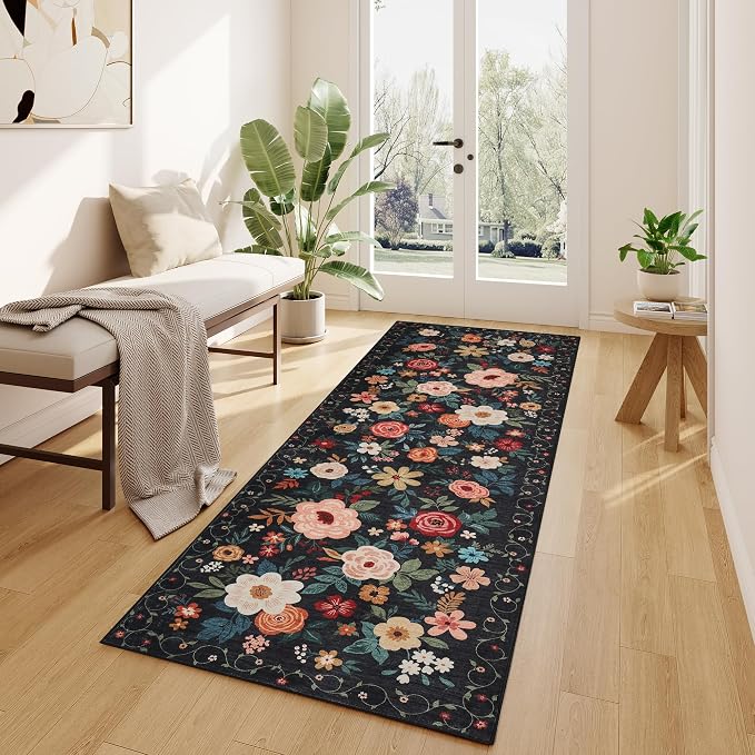 DUKINO 2.6x8 Runner Rug, Washable Runner Rug for Hallway Non Slip, Black | Low Pile, Soft, Floral Indoor Rug for Kitchen, Entryway, Bedroom, Bathroom, Pet Friendly, Stain Resistant, Modern Home Decor