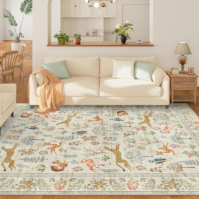 DUKINO 6x9 Area Rug, Washable Animal Living Room Rug Non Slip, Beige | Soft, Low Pile, Non-Shedding Indoor Large Carpet for Bedroom, Dining Room, Kids PlayRoom, Farmhouse, Pet Friendly, Home Decor