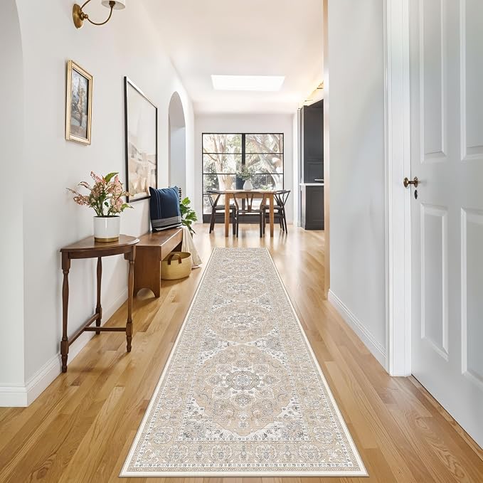 RUUGME Hallway 2'6x12 Runner Rug: Vintage Washable Kitchen Rugs Non-Slip Low Pile Carpet for Entryway Soft Thin Stain Resistant Floor Decor Mat for Bathroom Living Room Bedroom(Beige/Cream,2'6"x12')