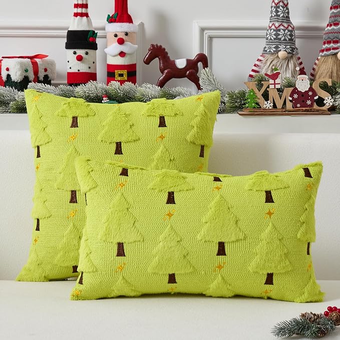 UGASA Star Christmas Decorative Pillow Covers 12x20 Inch Set of 2 Soft Plush Faux Fur Jacquard Throw Pillows Pillowcases for Couch Sofa Holiday Festivals Winter Home Decor, Green