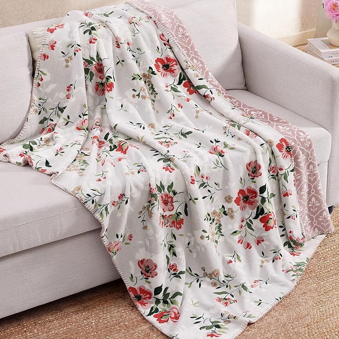 Floral Reversible Throw Blanket for Couch-Coco Flannel Soft Bed Blankets | Luxuriously Warm Fluffy Decor for Women, Mom, Her & Girls, Plush Throw for Sofa, Chair, 60x80in, Pink Rose