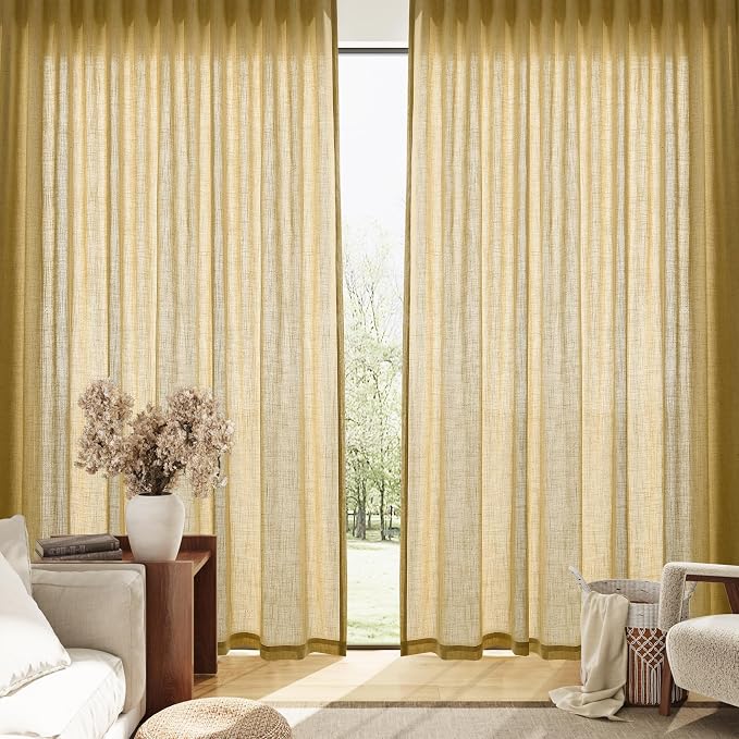 Linen Curtains 96 Inches Long for Living Room Back Tab Semi Sheer Floor to Ceiling 8ft Light Filtering Curtain Boho Farmhouse Decor Window Drapes for Bedroom 52x96 2 Panels Gold