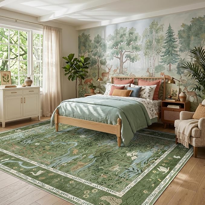 8x10 Washable Rug for Living Room Green Animal Print Large Bedroom Rugs Non Slip Forest Nursery Girls Room Throw Carpet Stain Resistant Whimsical Safari Area Rugs for Home Office, Green