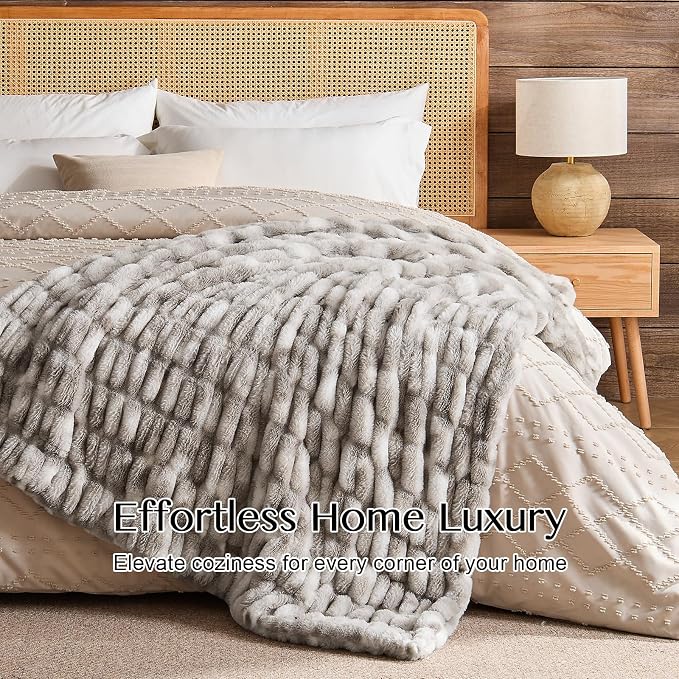 Lotus Karen Faux Fur Throw Blanket, 900 GSM Dual-Sided Soft Ruched Fluffy Blanket for Couch, Cozy Fuzzy Plush Throw Gifts for Women Man Bedroom Living Room (Tie-Dye Dark Gray, 50"x60")