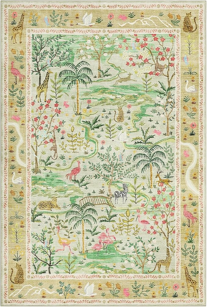 8x10 Washable Rug for Living Room Green Animal Print Large Bedroom Rugs Non Slip Forest Nursery Girls Room Throw Carpet Stain Resistant Whimsical Safari Area Rugs for Home Office, Sage Green
