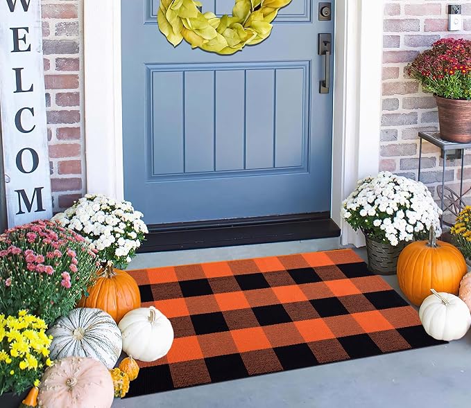 Fall Layered Doormat 24''x35'' Orange and Black Farmhouse Porch Mat Cotton Woven Washable Outdoor Rug for Layering Rug,Fall,Halloween,Kitchen,Farmhouse,Entryway