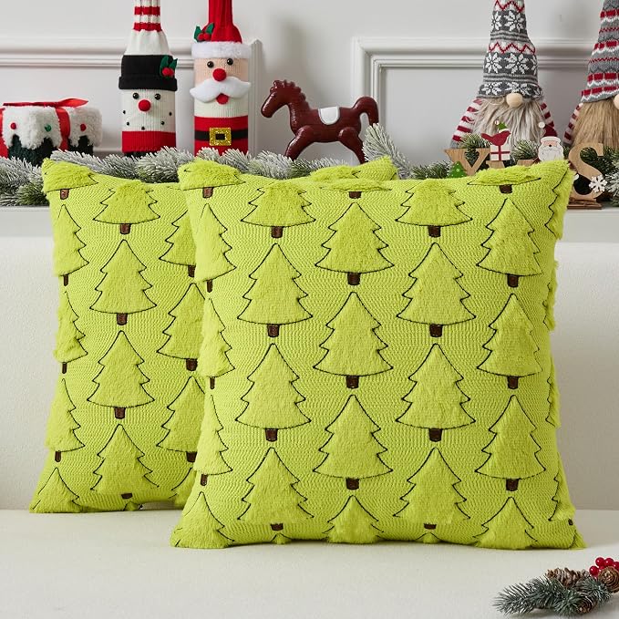 UGASA Christmas Tree Pillow Covers 18x18 Inch Set of 2 Soft Plush Faux Fur Luxury Embroidery Decoration Pillowcases for Couch Sofa Holiday Festivals Winter Xmas Gift, Green