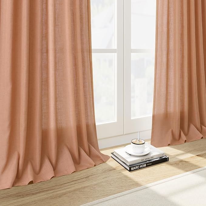 Peach Quartz Curtains 90 Inches Long 2 Panel Set Back Tab Rod Pocket Linen Blend Bohemian Semi Sheer Light Filtering Neutral Decor for Relaxing Bedroom and Charming Living Room 52x90