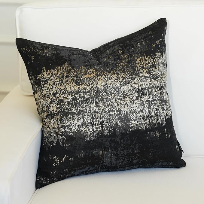 THE-TINOART Black Champagne Metallic Jacquard Throw Pillow Cover 24x24 Velvet Back Modern Glam Sofa Decor