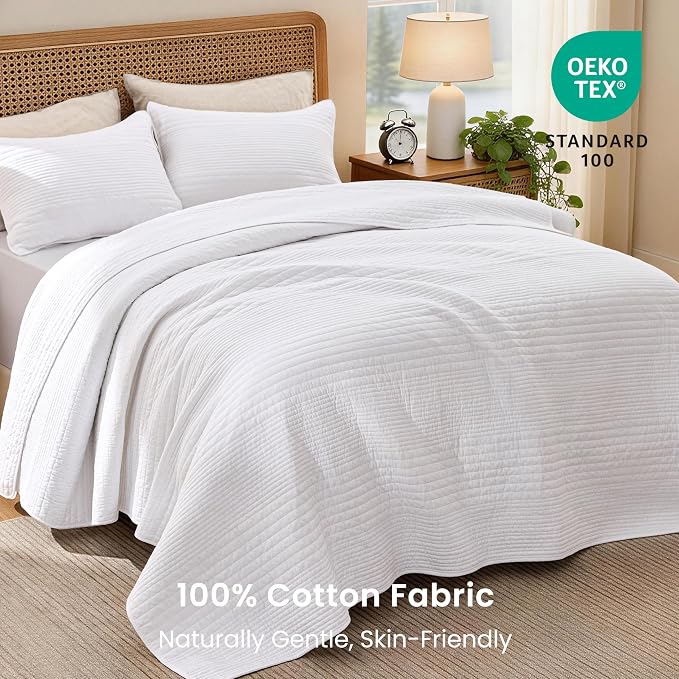 Love's cabin Queen Size Cotton Quilt Set, 100% Cotton Fabric Striped Textured Coverlet with Crinkled Look, Lightweight Quilted Bedspread for All Season, Includes 2 Pillow Shams, White | Lightweight