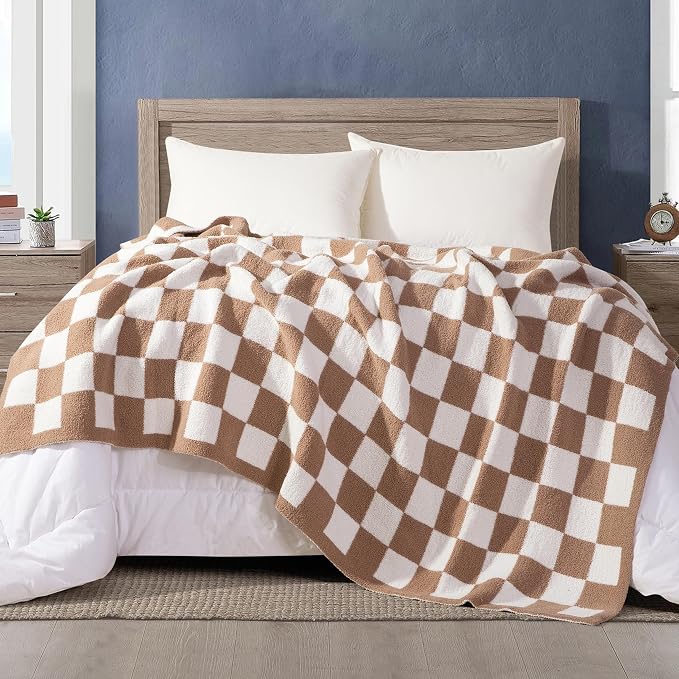 Elegant Comfort Premium Checkered Reversible Throw Blanket - Ultra Soft and Lightweight, Luxury Knitted Breathable Fleece for Couch, Bed, Sofa - Warm Velvet Fluffy Throw, 50 x 70 Inch, Taupe