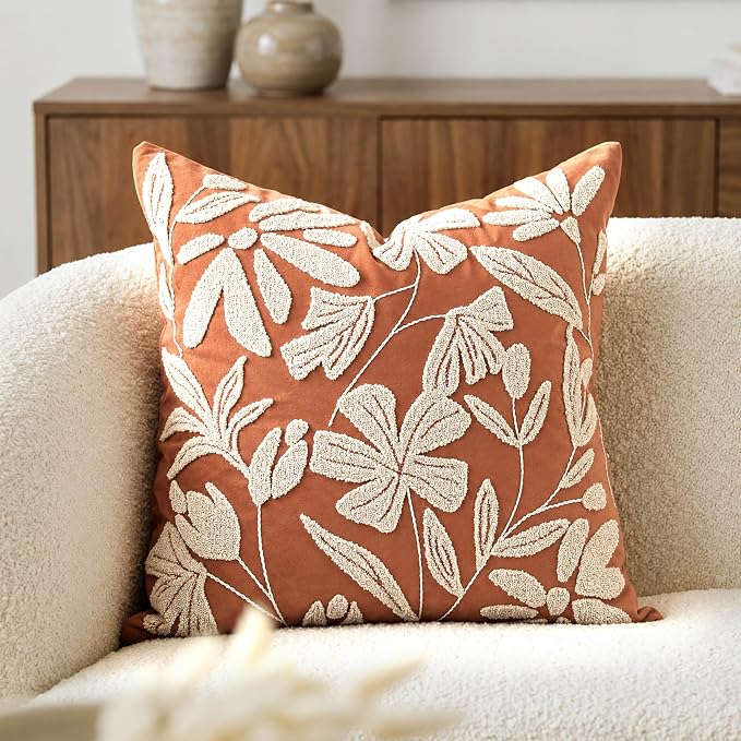 BlissBlush Throw Pillow Cover 20x20 Inch, Rust Terracotta Floral Tufted Velvet Decorative Accent Pillow Case for Sofa Bed Living Room, Cover Only