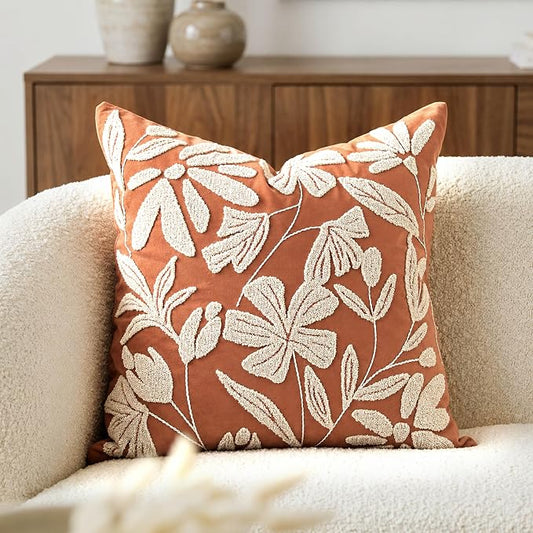 BlissBlush Throw Pillow Cover 20x20 Inch, Rust Terracotta Floral Tufted Velvet Decorative Accent Pillow Case for Sofa Bed Living Room, Cover Only