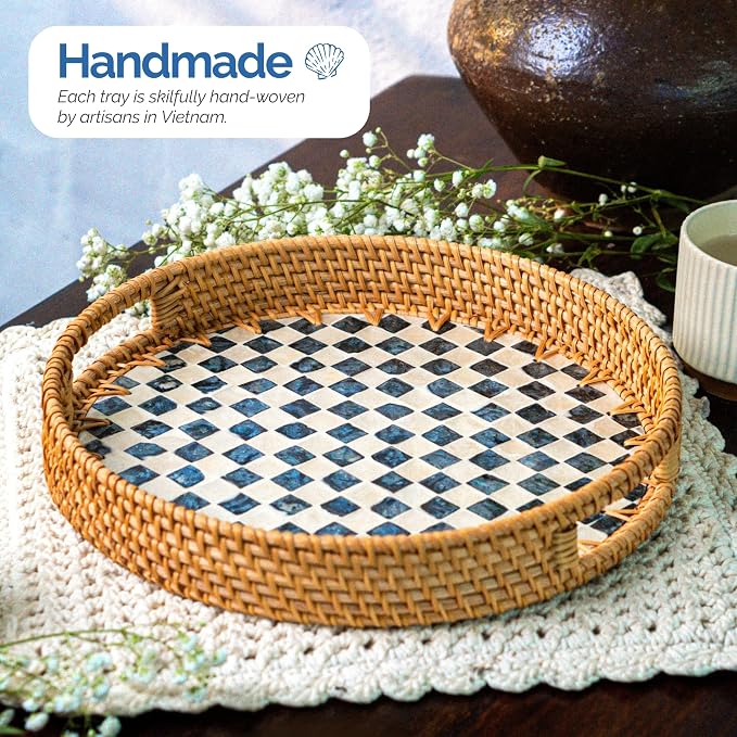 JUNGLE CULTURE Round Rattan Tray with Mother of Pearl Inlay • Drift 12”
