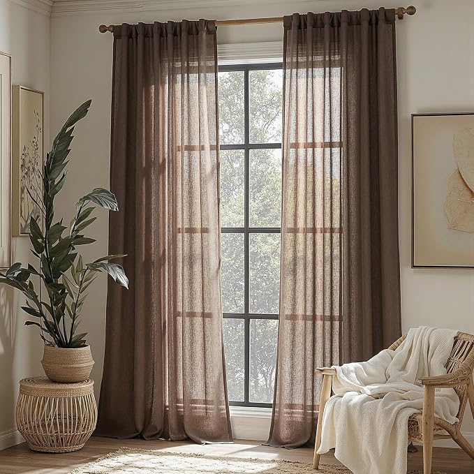 MYSKY HOME Dark Brown Curtains 96 Inches Long for Living Room Sliding Glass Door Semi Sheer Drapes Light Filtering Window Treatments Soft Farmhouse Style Privacy Protect Back Tab, 50" x 96", 2 Panels