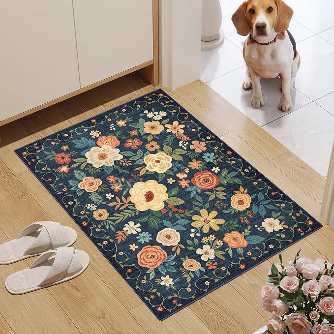 DUKINO 2x3 Entryway Rug, Door Mat Soft Washable Rug Non Slip, Navy Blue | Low Pile, Non-Shedding, Floral Small Rug for Kitchen, Entrance, Bedroom, Bathroom, Pet Friendly, Stain Resistant, Home Decor