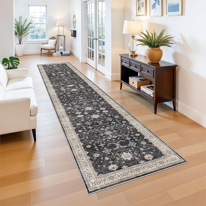 Hallway Washable 2'6x12 Runner Rug - Vintage Kitchen Rugs Non-Slip Soft Thin Farmhouse Carpet for Entryway Low Pile Indoor Floor Decor Mat for Bathroom Living Room Bedroom (Black/Multi,2'6"x12')