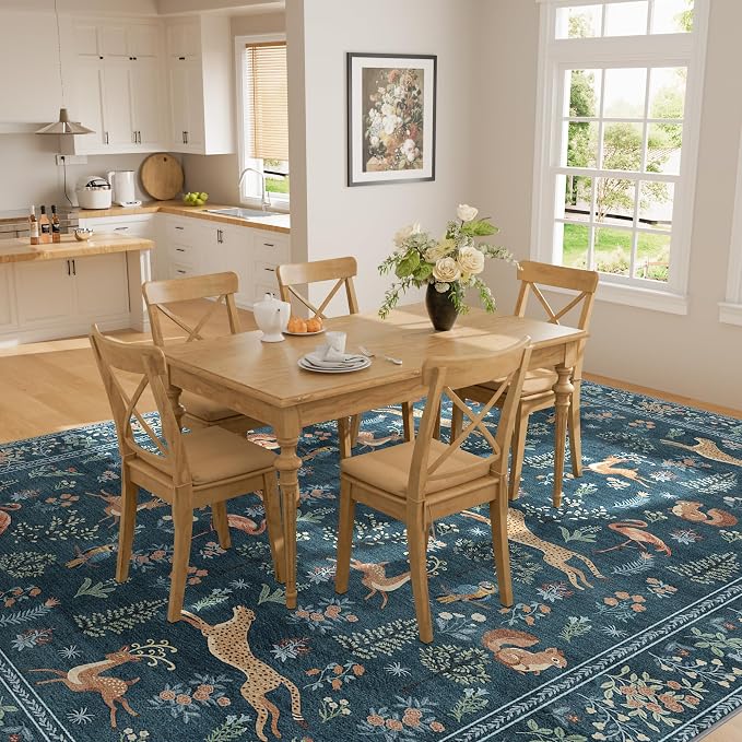DUKINO 5x7 Area Rugs, Washable Animal Rug for Living Room Non Slip, Blue | Low Pile, Soft Indoor Carpet for Bedroom, Kids Room, Dining Room, Pet Friendly, Farmhouse, Stain Resistant, Non-Shedding