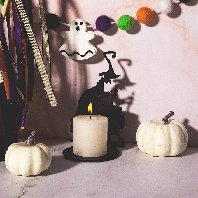 2 Set Halloween Candle Holder Spooky Witch with Cauldron Broom Black Candlestick Pedestal All Hallows Eve Table Centerpiece Table Decor