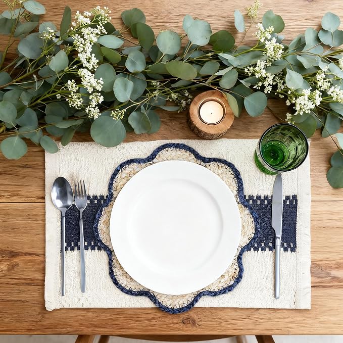 4pc Sunflower Rattan Placemat Set, Woven Boho Table Mats, Blue | 4 cotton runners (24x11") & 4 woven mats. Heat-resistant & eco-friendly. Perfect for boho, farmhouse decor & parties.