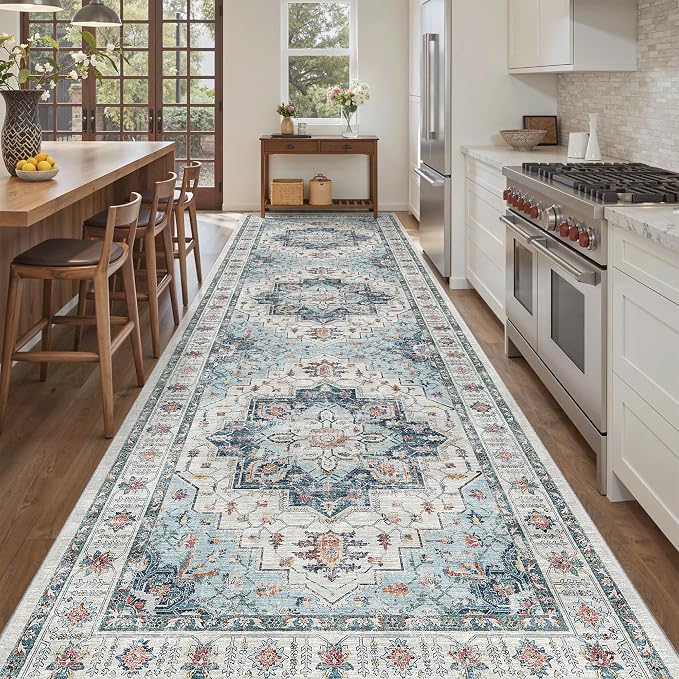 Madane 4x12 Wide Hallway Runner Rug Washable for Living Room, Blue | Soft Stain Resistant Ktichen Runners 12ft, Vintage Non Slip Low Pile Area Rugs, Thin Floor Carpet for Bathroom Dining Bedroom