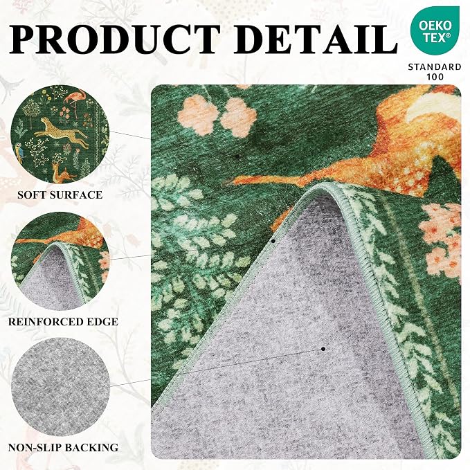 DUKINO 4x6 Area Rug, Non Slip Animal Washable Rug for Living Room, Green | Soft, Low Pile, Stain Resistant Indoor Carpet for Bedroom, Dining Room, Nursery, Farmhouse, Pet Friendly, Non-Shedding