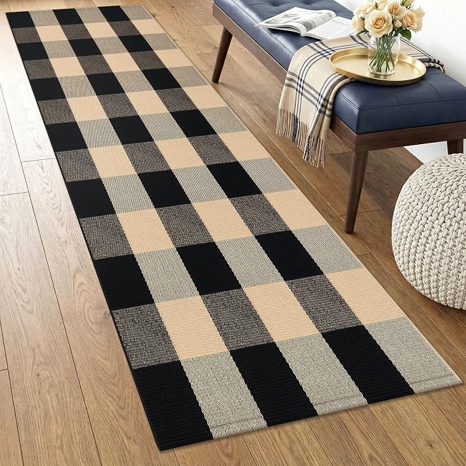 KOZYFLY Buffalo Plaid Area Rugs 2x4.3 Ft Brown and Black Rug Front Door Mat | Washable Front Door Rug, Woven Cotton Indoor Outdoor Rug, Front Porch Kitchen Entryway Patio Farmhouse Checkered Doormat